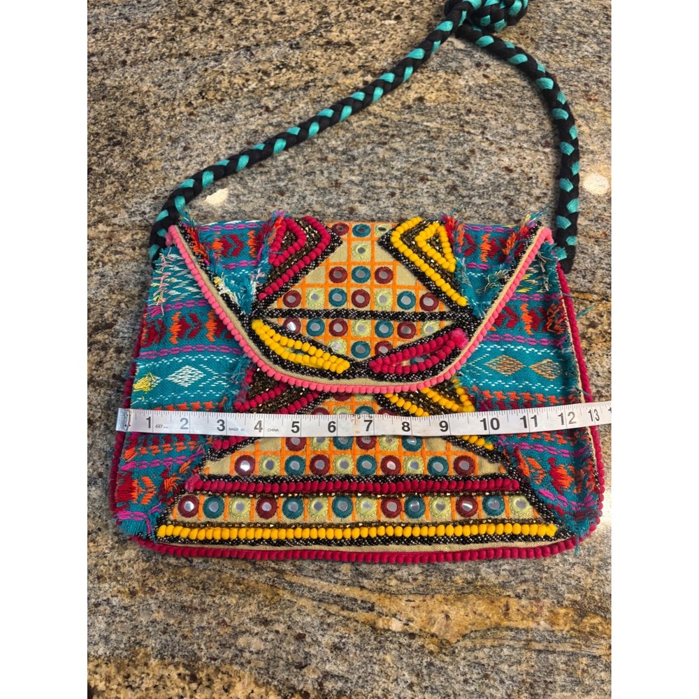 Big Buddha Embroidered Mirror Accent Messenger Bag Turquoise Pink Yellow Boho - Picture 4 of 7